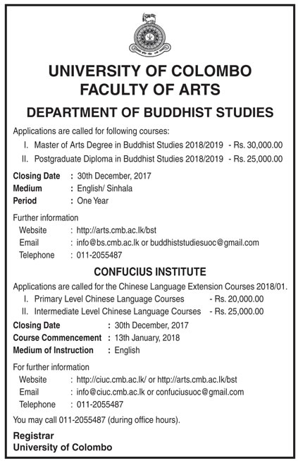 Master of Arts Degree in Buddhist Studies, Postgraduate Diploma in Buddhist Studies (2018/2019) - Faculty of Arts - University of Colombo